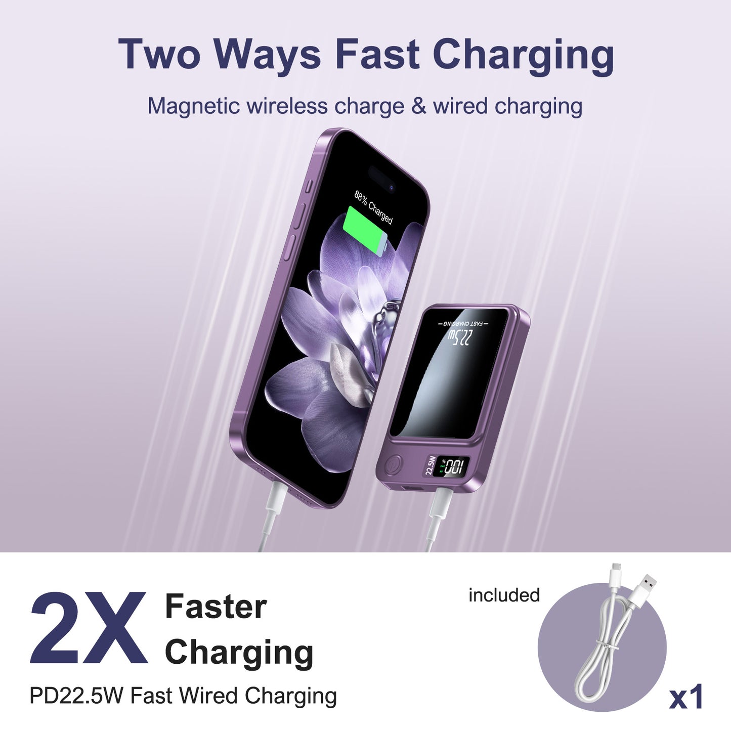 Magnetic power bank, 10000mAh 22.5W Fast Charging Phone Battery Bank, 2 in 1 Wireless Magnetic Power Bank with cable, Purple