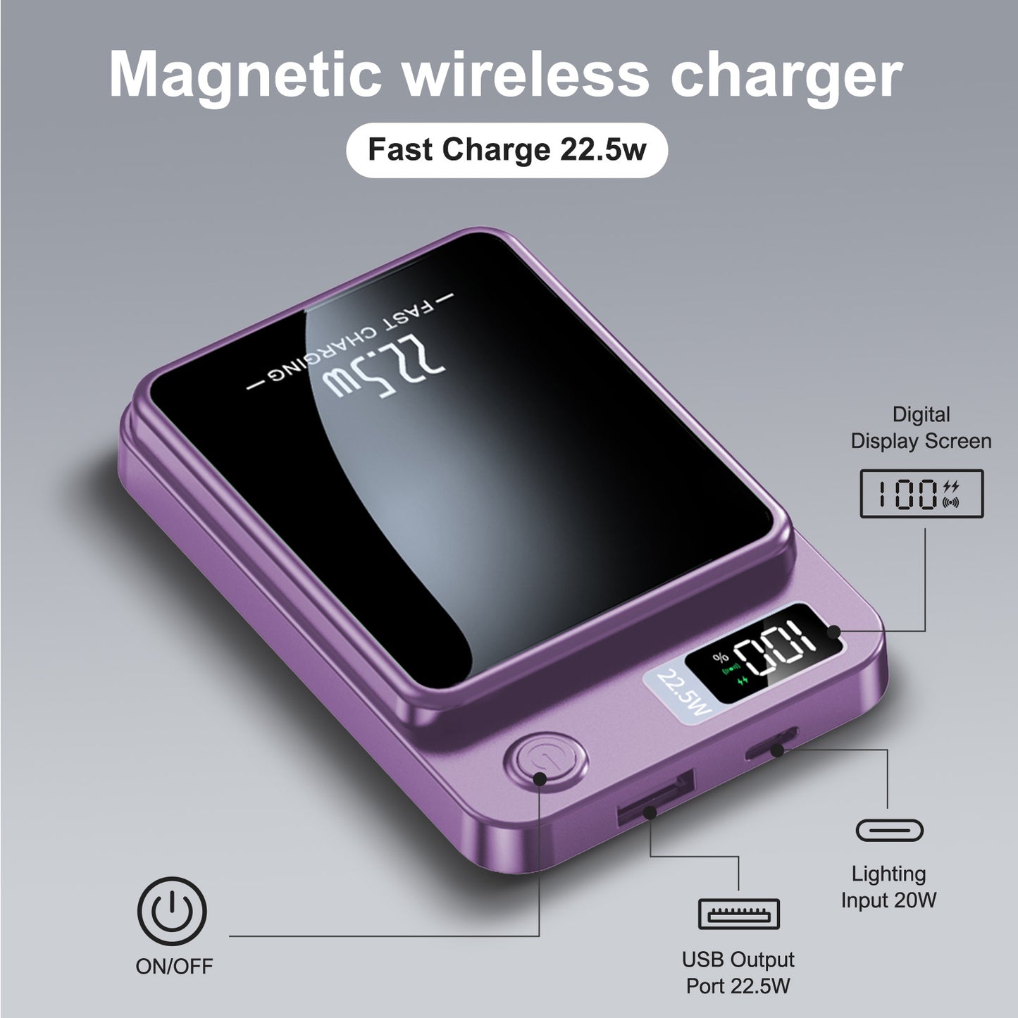 Magnetic power bank, 10000mAh 22.5W Fast Charging Phone Battery Bank, 2 in 1 Wireless Magnetic Power Bank with cable, Purple