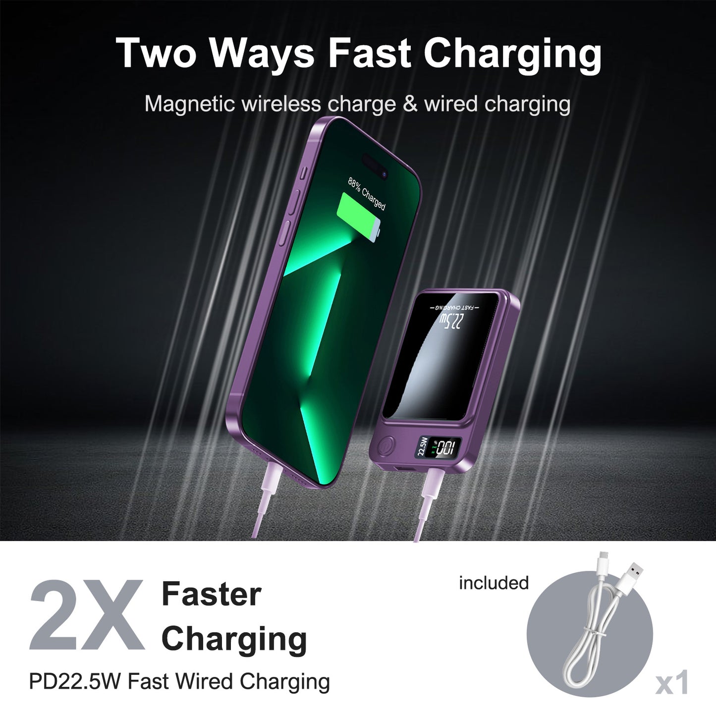 Magnetic power bank, 10000mAh 22.5W Fast Charging Phone Battery Bank, 2 in 1 Wireless Magnetic Power Bank with cable, Purple