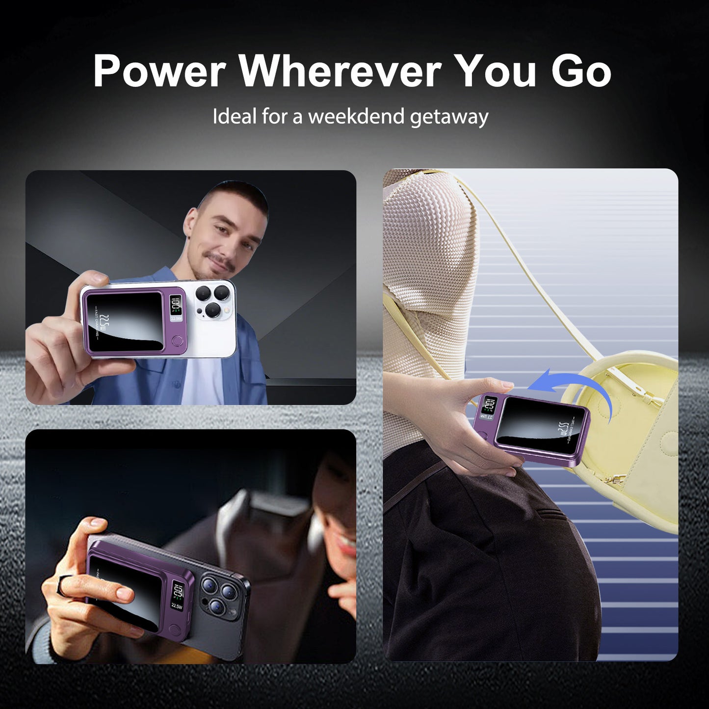 Magnetic power bank, 10000mAh 22.5W Fast Charging Phone Battery Bank, 2 in 1 Wireless Magnetic Power Bank with cable, Purple