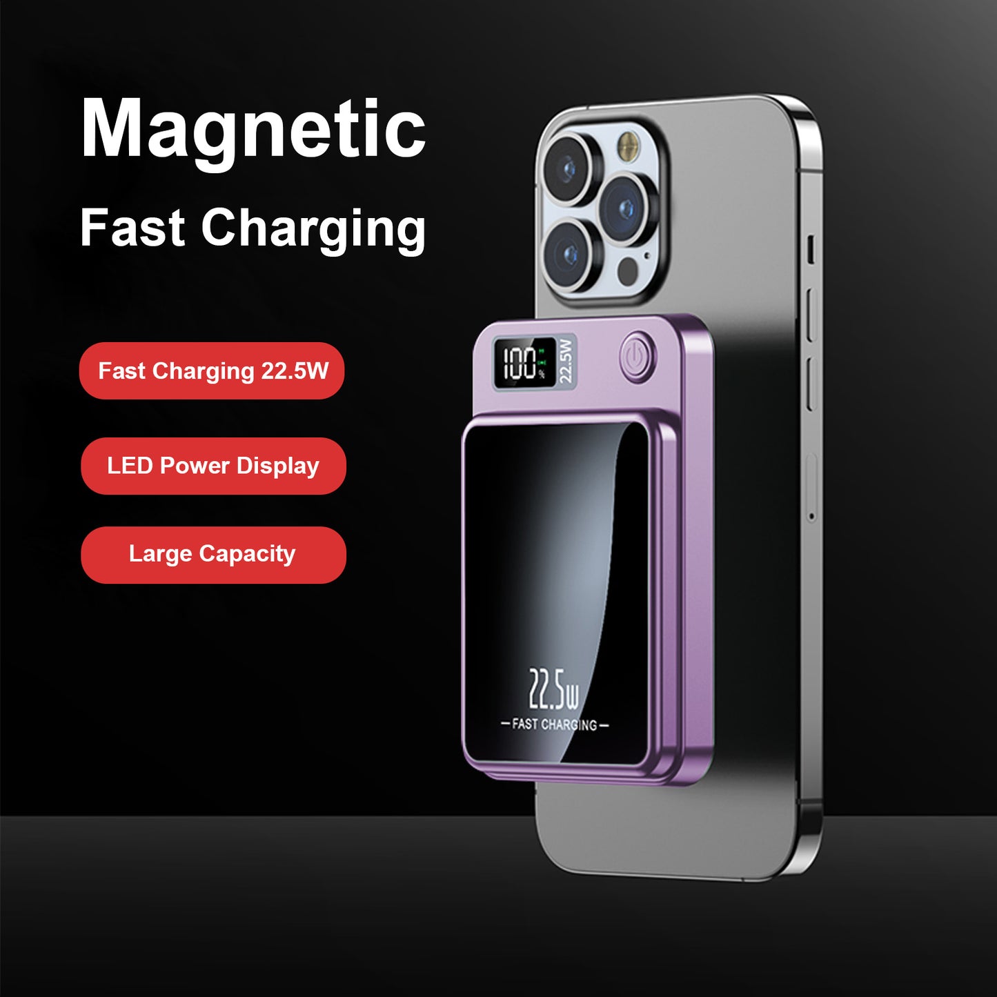 Magnetic power bank, 10000mAh 22.5W Fast Charging Phone Battery Bank, 2 in 1 Wireless Magnetic Power Bank with cable, Purple
