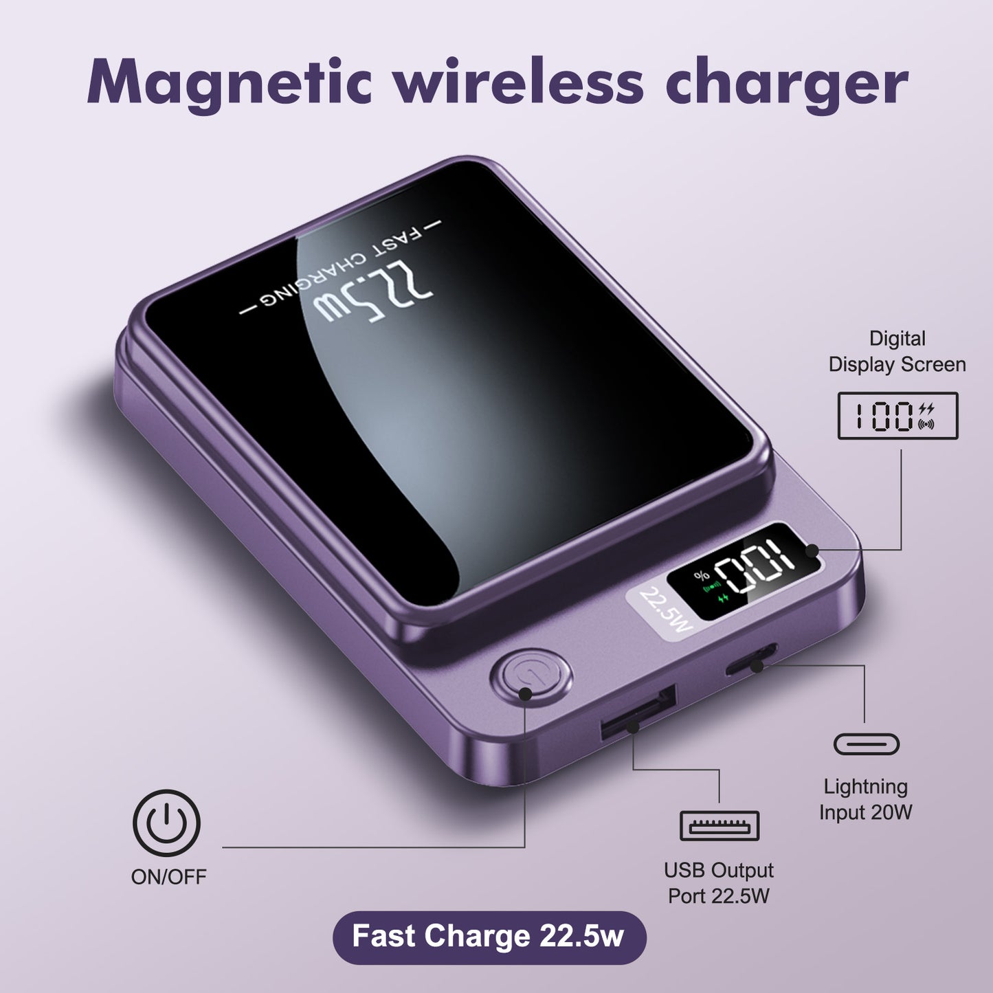 Wireless Power Bank, 10000mAh Fast Charging, with LED Power Display, 2 in 1 Portable Magnetic Power Bank, Compatible with Multi Device with cable, Purple