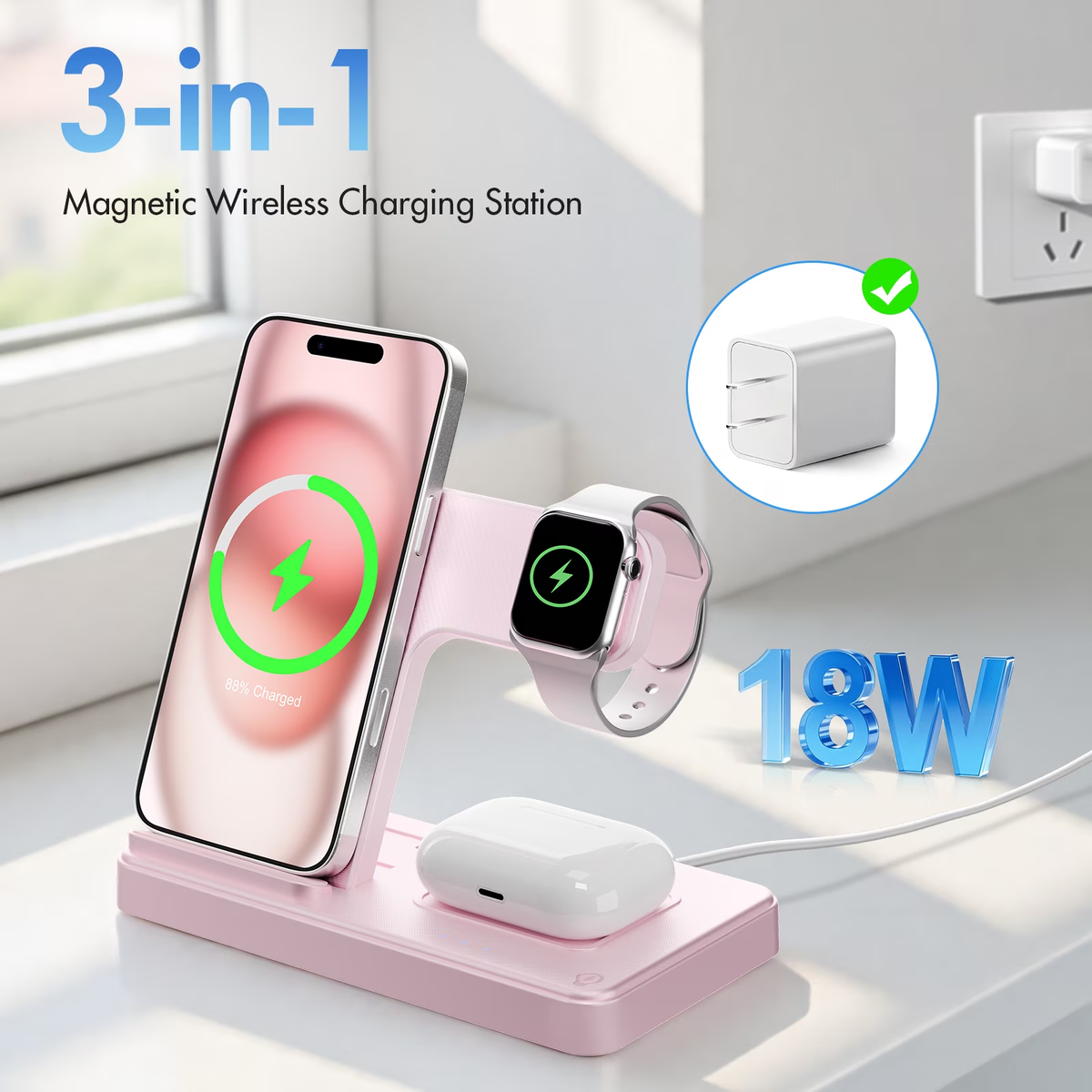 Wireless Charger, Charging station Compatible with iPhone 16 15 14 13 12 11 Pro Max Plus XS XR X 8, for iWatch 9 8 7 6 5 4 3 2 SE, for AirPods 3 2 Pro, 3 in 1 Charging Station, Pink, No Adapter