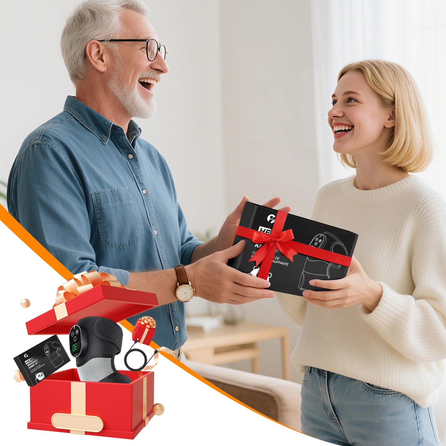 Baokaler 3 in 1 Heated Knee Massager, Cordless Vibration Heating Pad for Knee Shoulder Elbow with 6 Heat Levels and 3 Vibration, Ideal Gift for Family and Friends