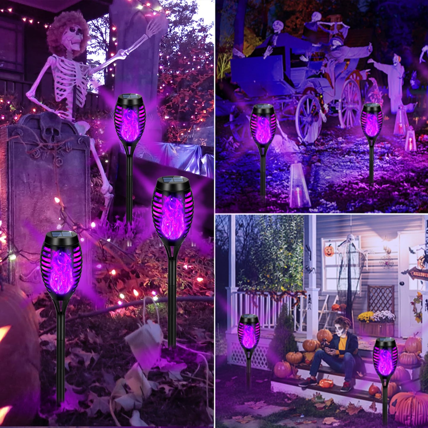 8 Packs Solar Tiki Torch Lights with Flickering Flame, Waterproof H-alloween Solar Lights Outdoor, Solar H-alloween Pathway Lights, H-allowee Decor Lights for Garden, Lawn, Patio, Yard