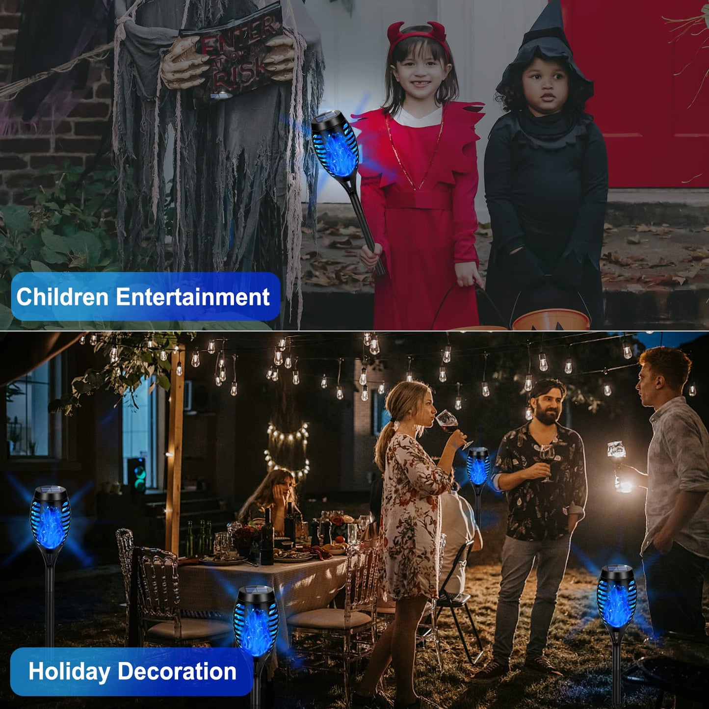 Outdoor Solar Garden Lights, 8 Packs Solar Tiki Torch Lights with Flickering Flame, Blue Lights Waterproof, Hallowee Decor Lights for Garden, Lawn, Patio, Yard Decor