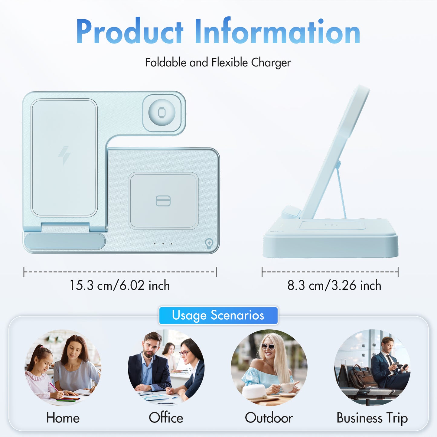 Wireless Charger, Magnetic Fast Charging Stand Compatible with iPhone 16 15 14 13 12 11 Pro Max Plus XS XR X 8, for Apple Watch 9 8 7 6 5 4 3 2 SE, for AirPods 3 2 Pro, 3 in 1 Charging Station, Blue
