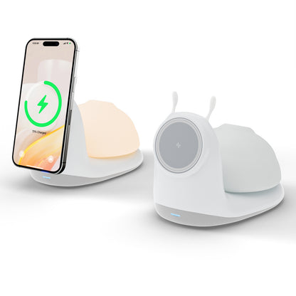 Wireless Charger, 15W Fast Charging Station with Light for iPhone 16e 16 15 14 13 12 Pro Max, Desktop Nightstand Snail-Shaped Detachable LED Lamp Bedside Cordless Light