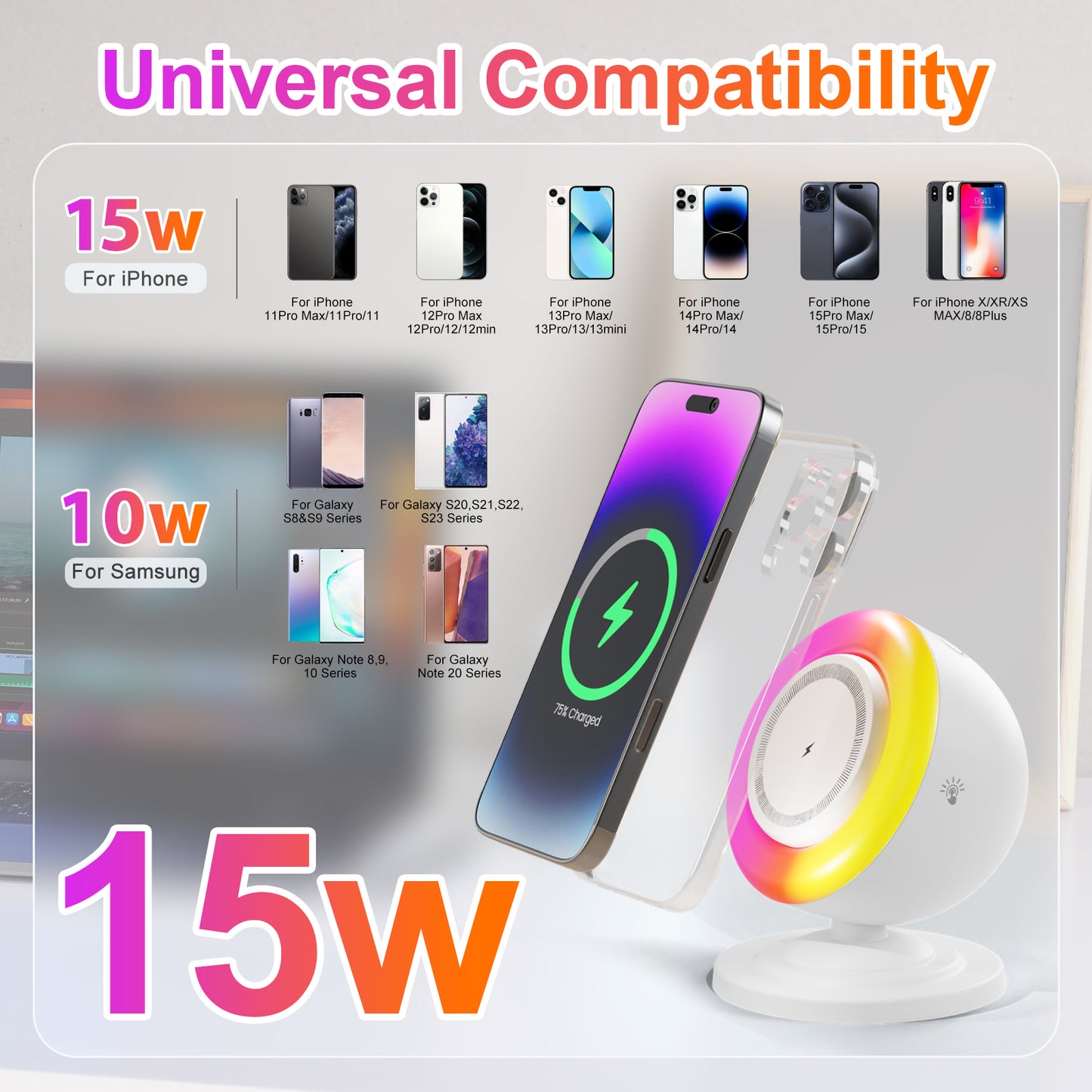 Wireless Charger for iPhone Samsung Huawei,Magnetic Charging Station with Bluetooth speaker and RGB light, Travel Charging Station Compatible with Apple 12 and above series, White
