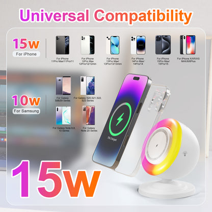 Wireless Charger for iPhone Samsung Huawei,Magnetic Charging Station with Bluetooth speaker and RGB light, Travel Charging Station Compatible with Apple 12 and above series, White