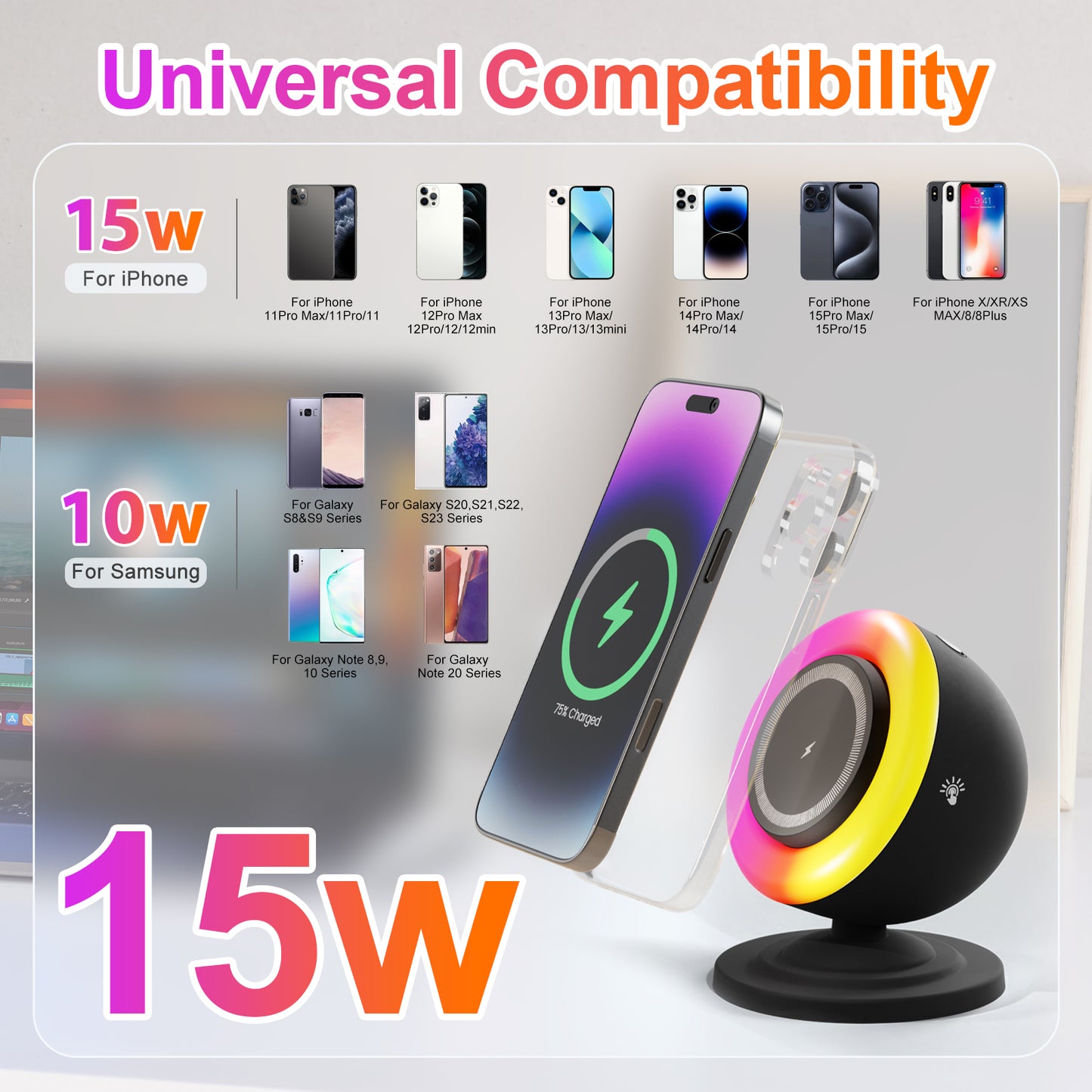 Wireless Charger for iPhone Samsung Huawei,Magnetic Charging Station with Bluetooth speaker and RGB light, Travel Charging Station Compatible with Apple 12 and above series, Black
