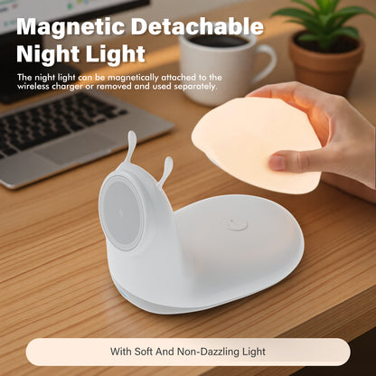 Wireless Charger, 15W Fast Charging Station with Light for iPhone 16e 16 15 14 13 12 Pro Max, Desktop Nightstand Snail-Shaped Detachable LED Lamp Bedside Cordless Light