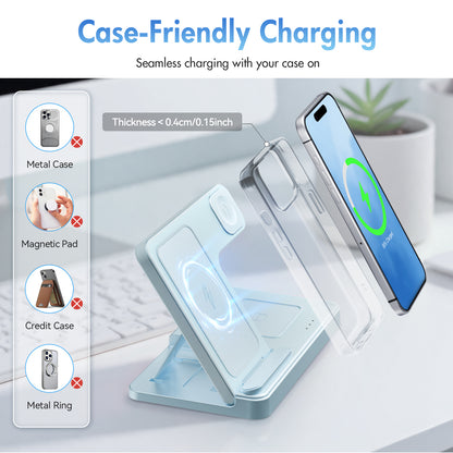 3 in 1 Charging Station, Wireless Charger, Magnetic Fast Charging Stand Compatible with iPhone 16 15 14 13 12 11 Pro Max Plus XS XR X 8, for iWatch 9 8 7 6 5 4 3 2 SE, for AirPods 3 2 Pro, Blue