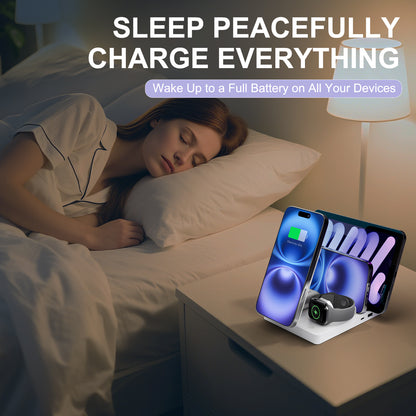 15W Fast Charging Station, 5 in 1 Wireless Charger Compatible with iPhone 15 14 13 12 11 8 Series, Charging Dock Compatible with AirPods 4 3 2 1, for iWatch, for iPad, White