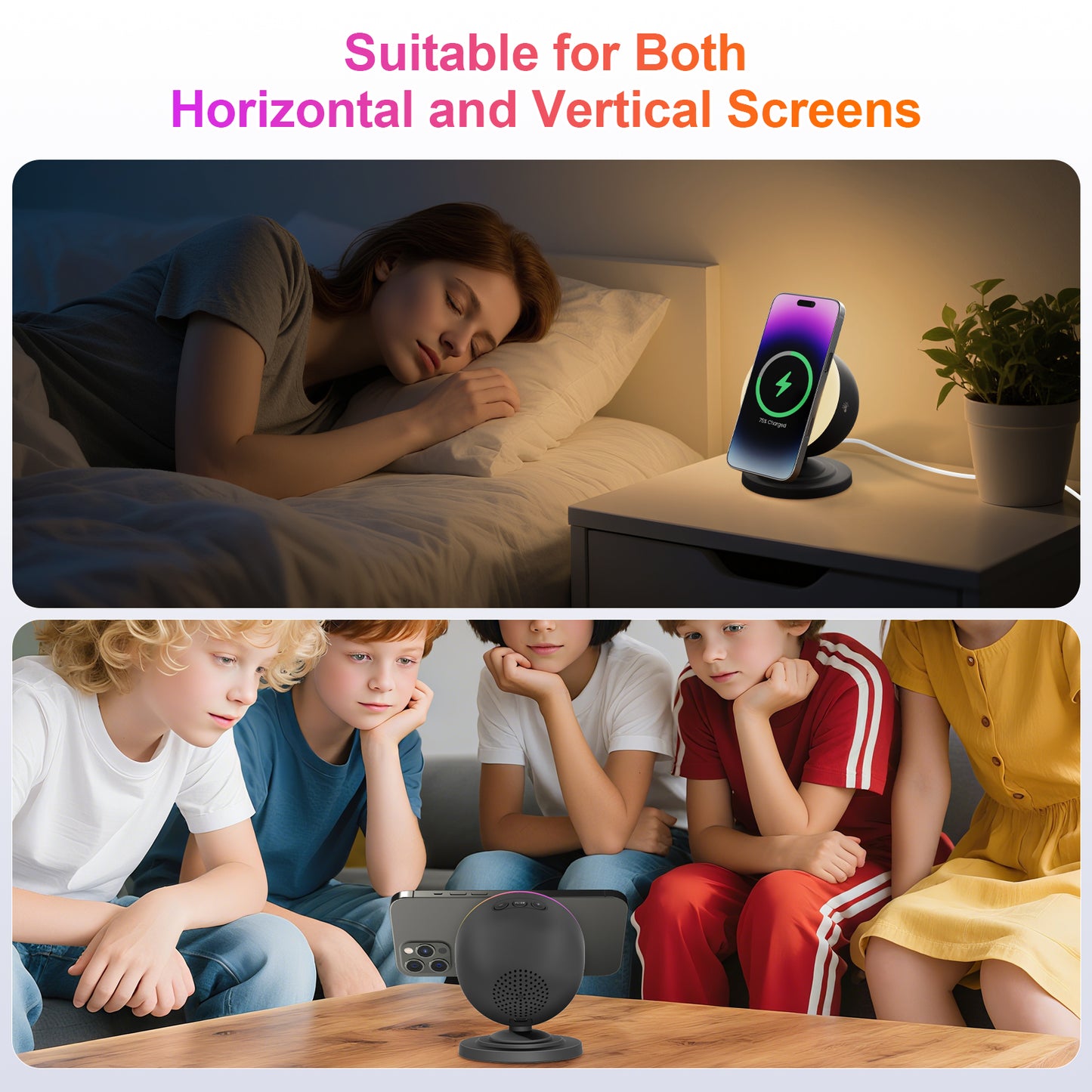 Wireless Charger for iPhone Samsung Huawei,Magnetic Charging Station with Bluetooth speaker and RGB light, Travel Charging Station Compatible with Apple 12 and above series, Black