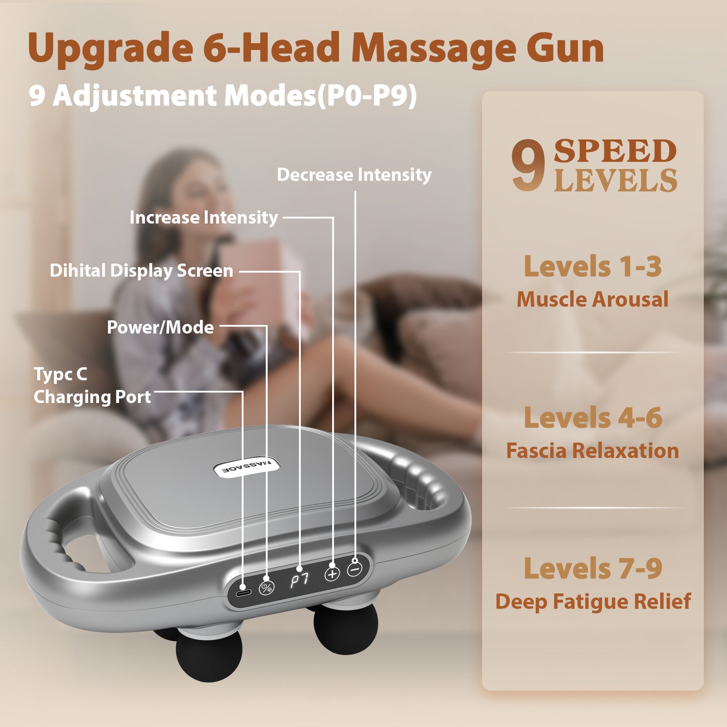 6 Head Massage Gun, Electric Massage Guns with 3 Sets Massage Heads & 9 Modes, Gun Tool for Legs, Arms, Waist, Back, Buttocks, Relax Full Body Muscle, Gifts for Friends, Parents