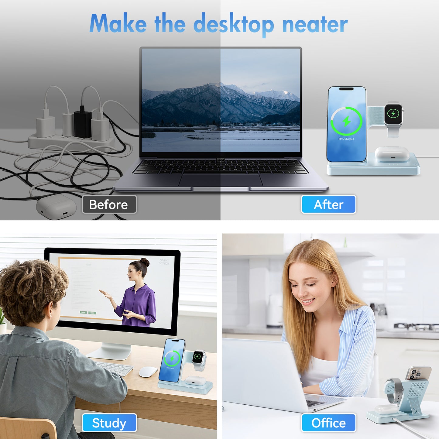 Wireless Charger, Magnetic Fast Charging Stand Compatible with iPhone 16 15 14 13 12 11 Pro Max Plus XS XR X 8, for Apple Watch 9 8 7 6 5 4 3 2 SE, for AirPods 3 2 Pro, 3 in 1 Charging Station, Blue