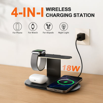 4 in 1 Charging Station, MagSafe Wireless Charger with Three Level soft Night Light, 15W Fast Charging for iPhone 12 and above series, for iWatch Series, for AirPods,USB-C Charger Included, Black