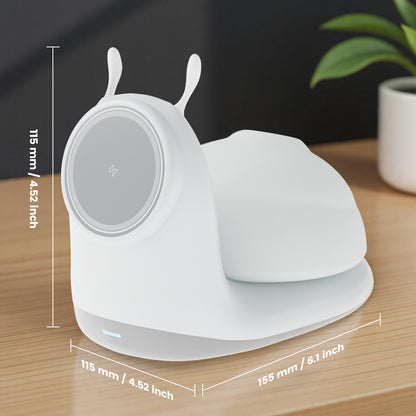 Wireless Charger, 15W Fast Charging Station with Light for iPhone 16e 16 15 14 13 12 Pro Max, Desktop Nightstand Snail-Shaped Detachable LED Lamp Bedside Cordless Light