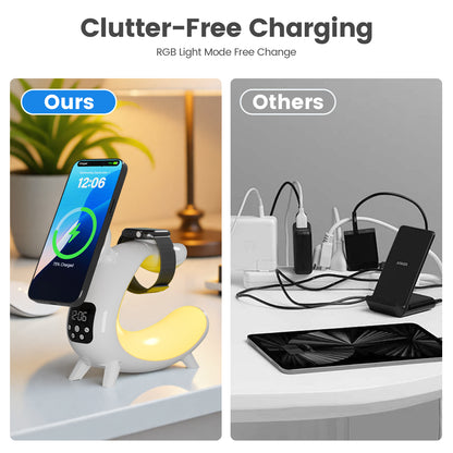 Charging Station , 6 in 1 Wireless Charger with Ambient Light and Bluetooth Speaker, 15 W Magsafe Charging Station for iPhone 11 and above series, Compatible with AirPods iWatch