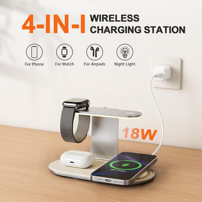 4 in 1 Charging Station, MagSafe Wireless Charger with Three Level soft Night Light, 15W Fast Charging for iPhone 12 and above series, for iWatch Series, for AirPods,USB-C Charger Included, Silver