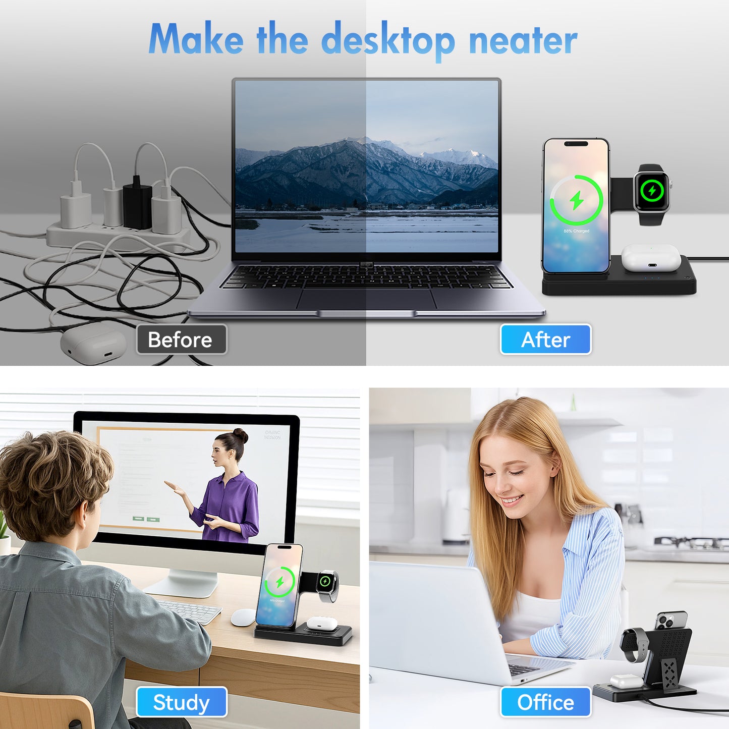 Wireless Charger, Magnetic Fast Charging Stand Compatible with iPhone 16 15 14 13 12 11 Pro Max Plus XS XR X 8, for Apple Watch 9 8 7 6 5 4 3 2 SE, for AirPods 3 2 Pro, 3 in 1 Charging Station