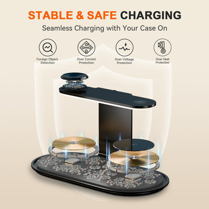 4 in 1 Charging Station, MagSafe Wireless Charger with Three Level soft Night Light, 15W Fast Charging for iPhone 12 and above series, for iWatch Series, for AirPods,USB-C Charger Included, Black