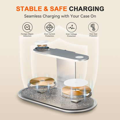 4 in 1 Charging Station, MagSafe Wireless Charger with Three Level soft Night Light, 15W Fast Charging for iPhone 12 and above series, for iWatch Series, for AirPods,USB-C Charger Included, Silver