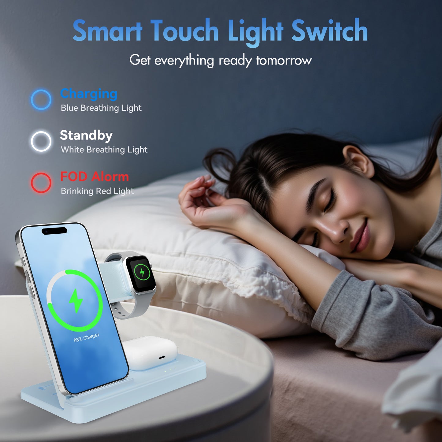 Wireless Charger, Magnetic Fast Charging Stand Compatible with iPhone 16 15 14 13 12 11 Pro Max Plus XS XR X 8, for Apple Watch 9 8 7 6 5 4 3 2 SE, for AirPods 3 2 Pro, 3 in 1 Charging Station, Blue