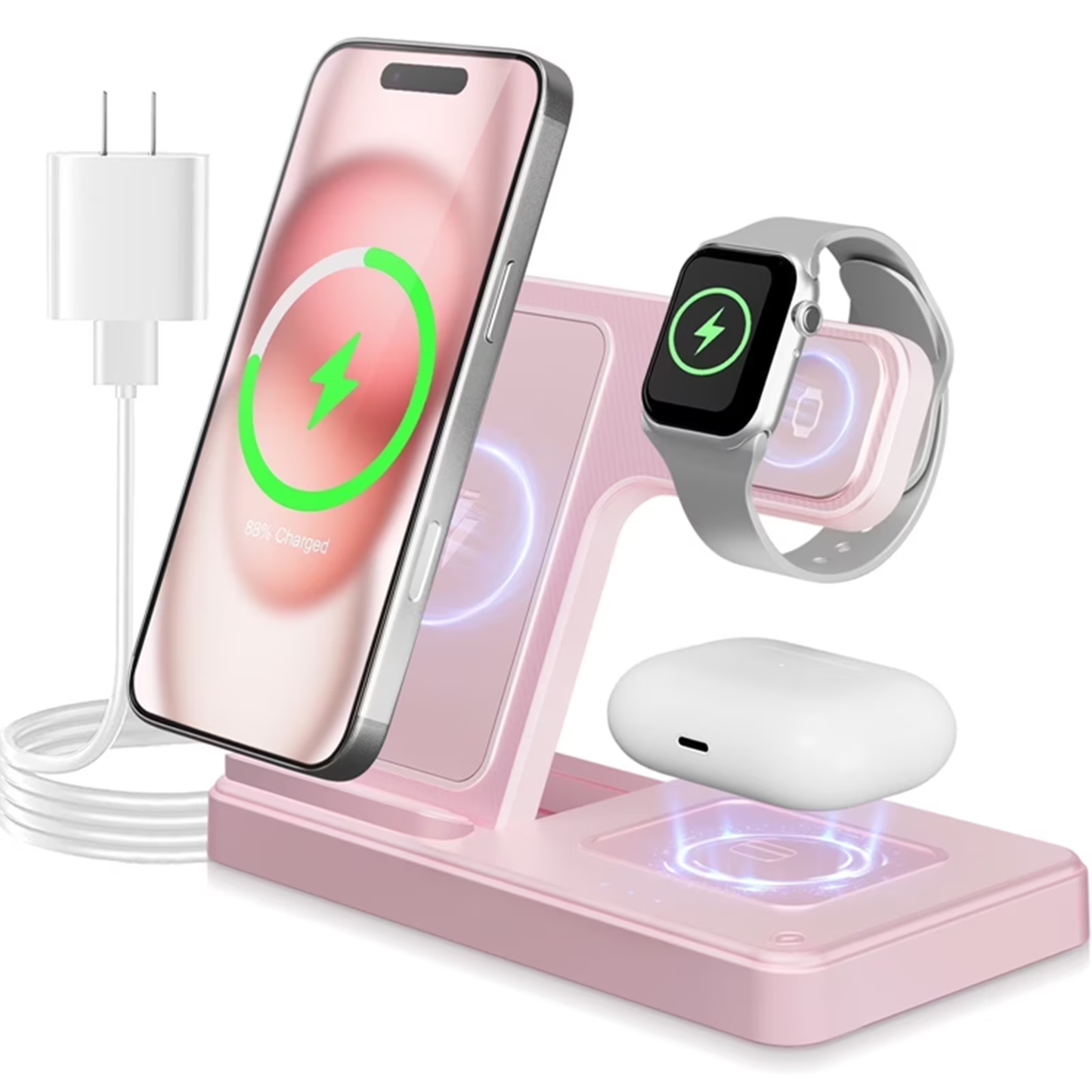 3 in 1 Charging Station Wireless Charger Magnetic Fast Charging Stand Compatible with iPhone 16 15 14 13 12 11 Pro Max Plus XS XR X 8 for iWatch 9 8 7 6 5 4 3 2 SE for AirPods 3 2 Pro Pink