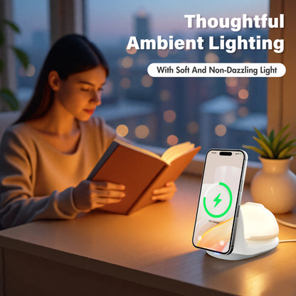 Wireless Charger, 15W Fast Charging Station with Light for iPhone 16e 16 15 14 13 12 Pro Max, Desktop Nightstand Snail-Shaped Detachable LED Lamp Bedside Cordless Light