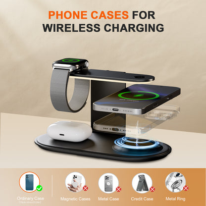 4 in 1 Charging Station, MagSafe Wireless Charger with Three Level soft Night Light, 15W Fast Charging for iPhone 12 and above series, for iWatch Series, for AirPods,USB-C Charger Included, Black