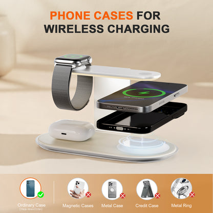 4 in 1 Charging Station, MagSafe Wireless Charger with Three Level soft Night Light, 15W Fast Charging for iPhone 12 and above series, for iWatch Series, for AirPods,USB-C Charger Included, Silver