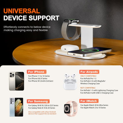 4 in 1 Charging Station, MagSafe Wireless Charger with Three Level soft Night Light, 15W Fast Charging for iPhone 12 and above series, for iWatch Series, for AirPods,USB-C Charger Included, Silver