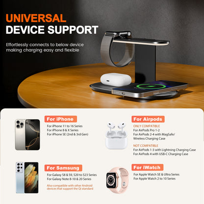 4 in 1 Charging Station, MagSafe Wireless Charger with Three Level soft Night Light, 15W Fast Charging for iPhone 12 and above series, for iWatch Series, for AirPods,USB-C Charger Included, Black