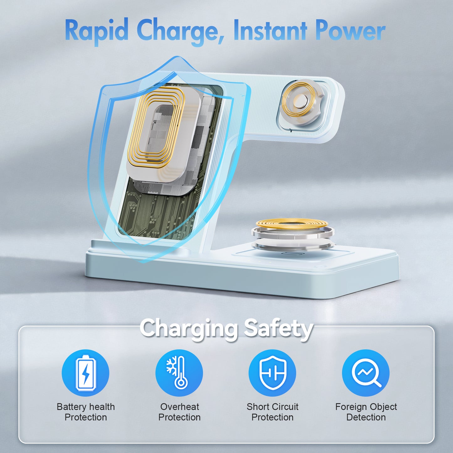 Wireless Charger, Magnetic Fast Charging Stand Compatible with iPhone 16 15 14 13 12 11 Pro Max Plus XS XR X 8, for Apple Watch 9 8 7 6 5 4 3 2 SE, for AirPods 3 2 Pro, 3 in 1 Charging Station, Blue