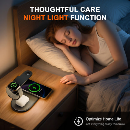 4 in 1 Charging Station, MagSafe Wireless Charger with Three Level soft Night Light, 15W Fast Charging for iPhone 12 and above series, for iWatch Series, for AirPods,USB-C Charger Included, Black