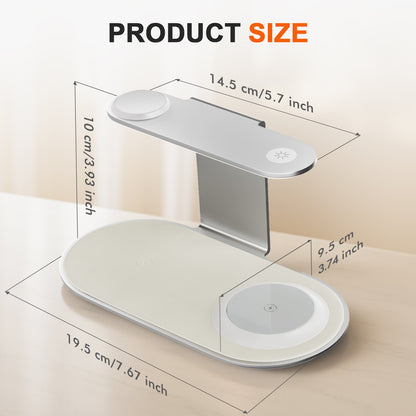 4 in 1 Charging Station, MagSafe Wireless Charger with Three Level soft Night Light, 15W Fast Charging for iPhone 12 and above series, for iWatch Series, for AirPods,USB-C Charger Included, Silver