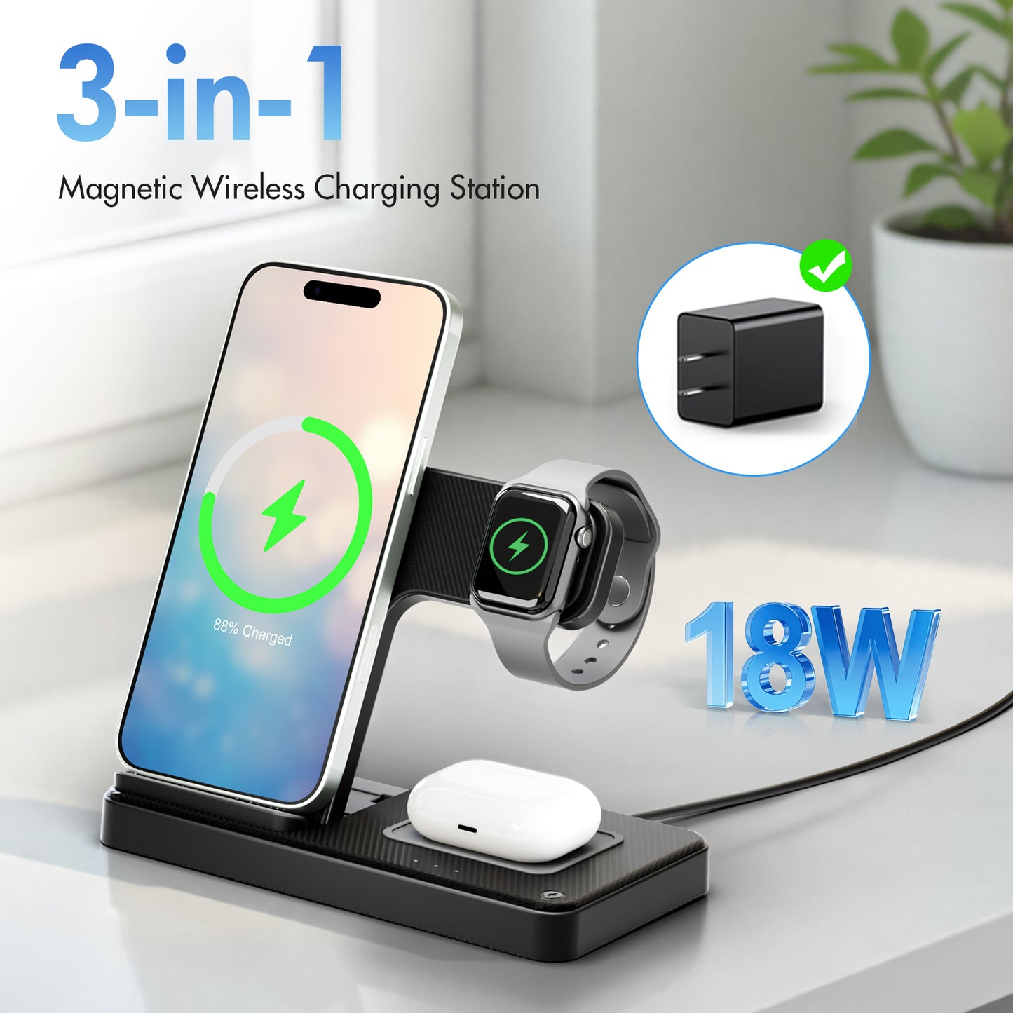 Wireless Charger, Magnetic Fast Charging Stand Compatible with iPhone 16 15 14 13 12 11 Pro Max Plus XS XR X 8, for Apple Watch 9 8 7 6 5 4 3 2 SE, for AirPods 3 2 Pro, 3 in 1 Charging Station