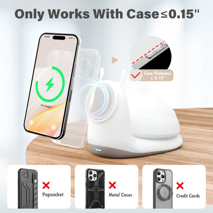 Wireless Charger, 15W Fast Charging Station with Light for iPhone 16e 16 15 14 13 12 Pro Max, Desktop Nightstand Snail-Shaped Detachable LED Lamp Bedside Cordless Light