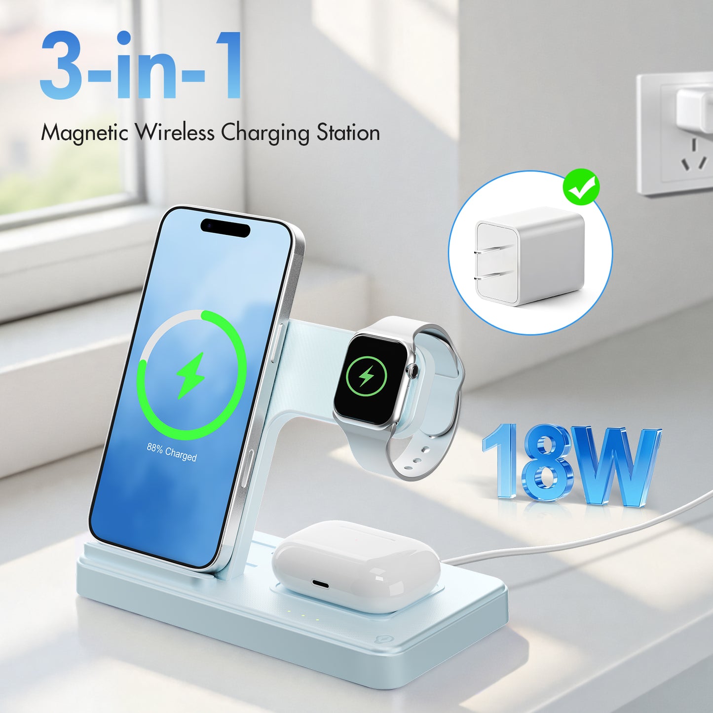 Wireless Charger, Magnetic Fast Charging Stand Compatible with iPhone 16 15 14 13 12 11 Pro Max Plus XS XR X 8, for Apple Watch 9 8 7 6 5 4 3 2 SE, for AirPods 3 2 Pro, 3 in 1 Charging Station, Blue
