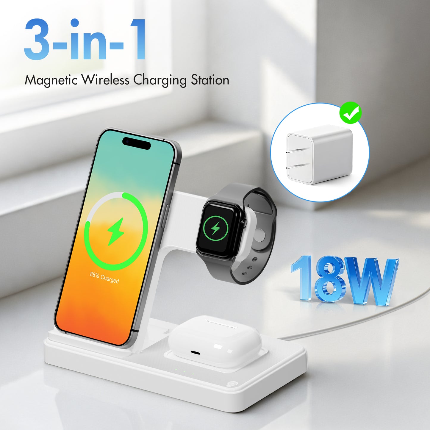 Wireless Charging Station, 3 in 1 Wireless charger Compatible with iPhone 16 15 14 13 12 11 Pro Max Plus XS XR X 8, for Airpods 4 3 2 Pro, For IWatch 9 8 Ultra 2 SE 7 6 5 4 3 2