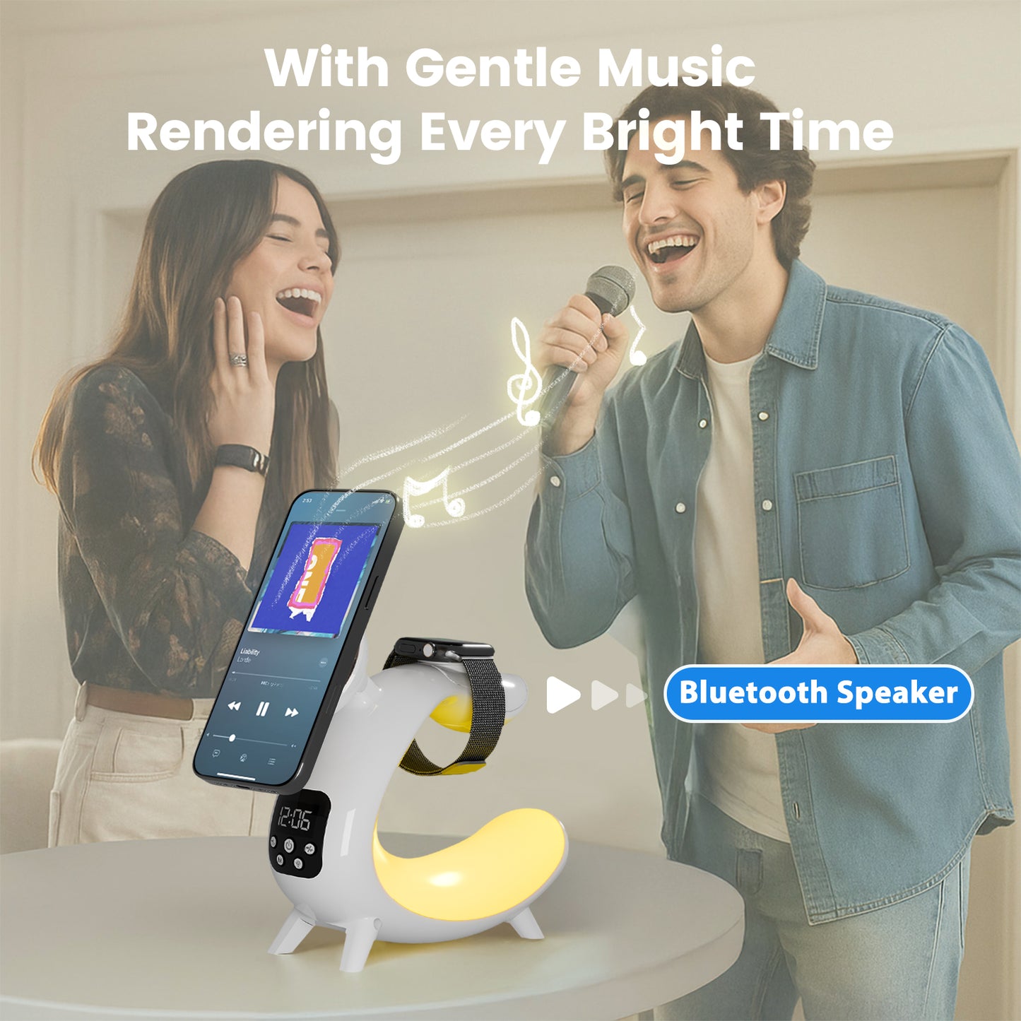 Charging Station , 6 in 1 Wireless Charger with Ambient Light and Bluetooth Speaker, 15 W Magsafe Charging Station for iPhone 11 and above series, Compatible with AirPods iWatch