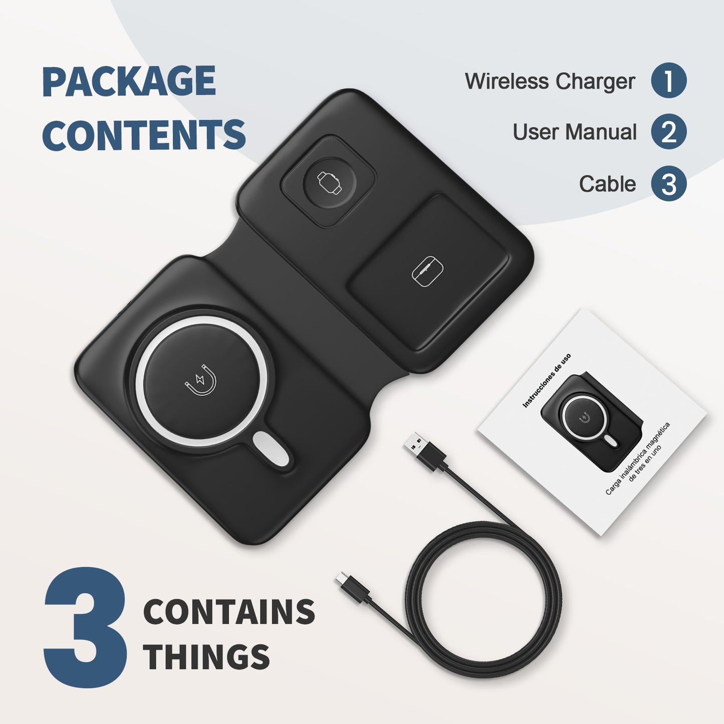 Wireless Charger for iPhone, 3 in 1 Magnetic Charging Station for Apple Devices for iPhone 16 15 14 13 12 Pro Max Plus - Foldable Charging Pad for Apple Watch Series Airpods 4 3 2 Pro, Black