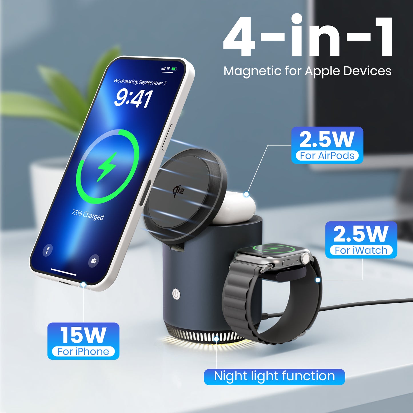 Wireless Charger for iPhone, Charging Station for iPhone 17 16 15 14 13 12, for AirPods 4 3 2, for iWatch Series, with Adjustable Night Light, Black