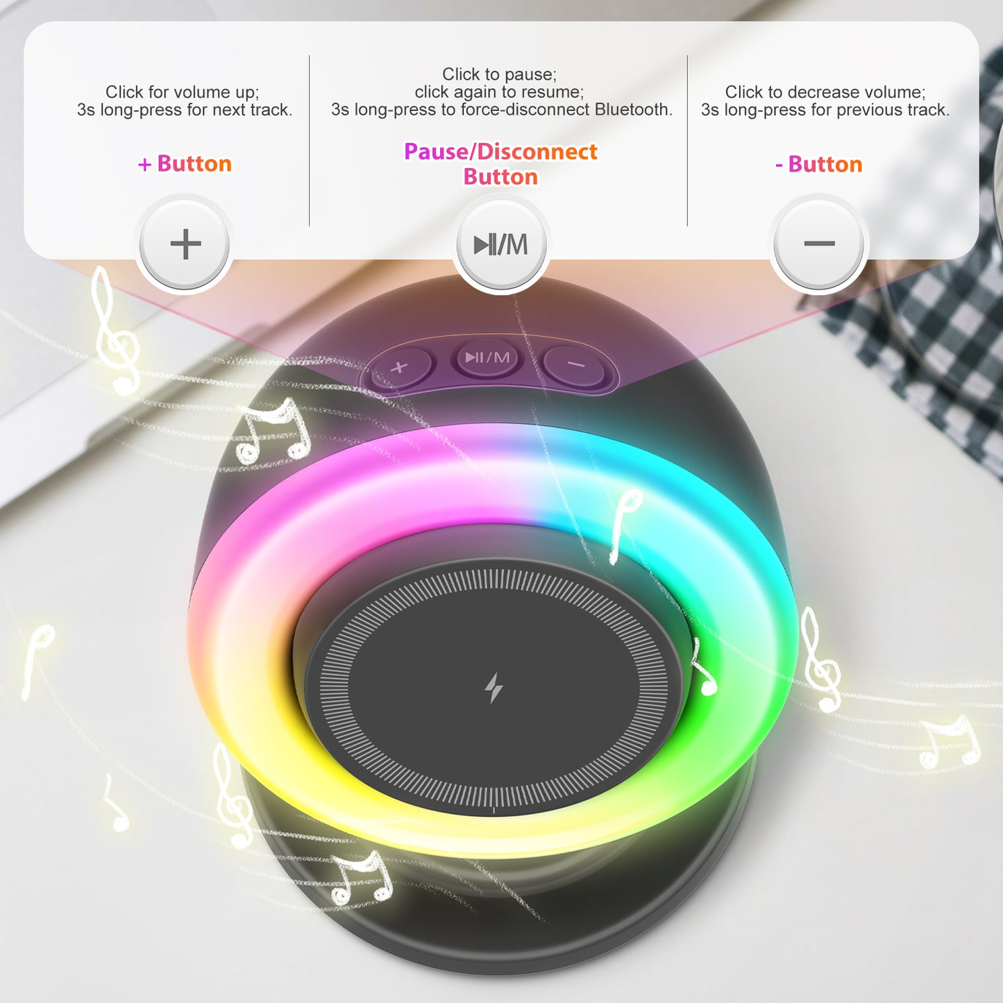 Wireless Charger for iPhone Samsung Huawei,Magnetic Charging Station with Bluetooth speaker and RGB light, Travel Charging Station Compatible with Apple 12 and above series, Black