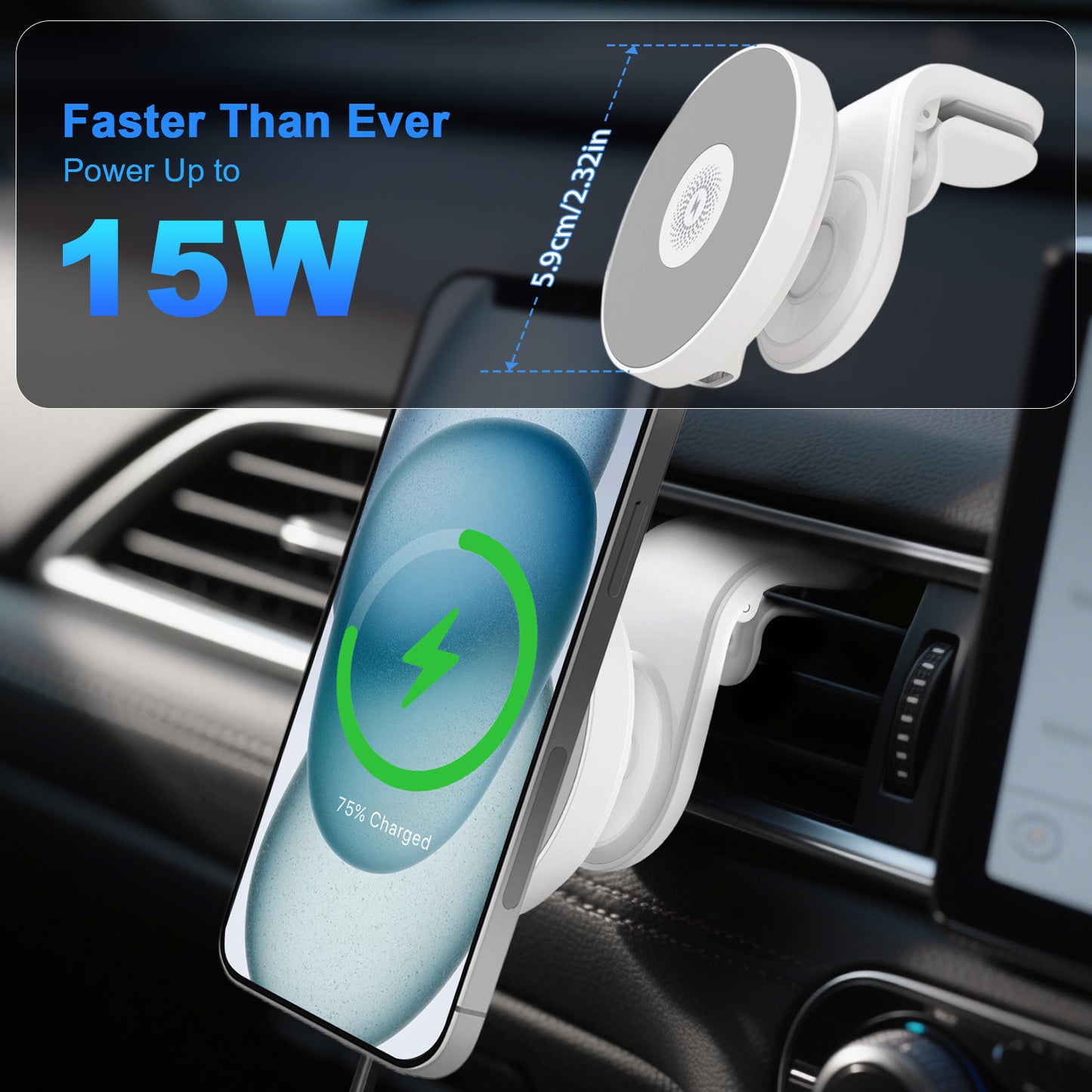 Super Strong Magnetic Car Mount with 15W Fast Wireless Charging, 360¡ã Rotatable and easy to install, durable and study, white