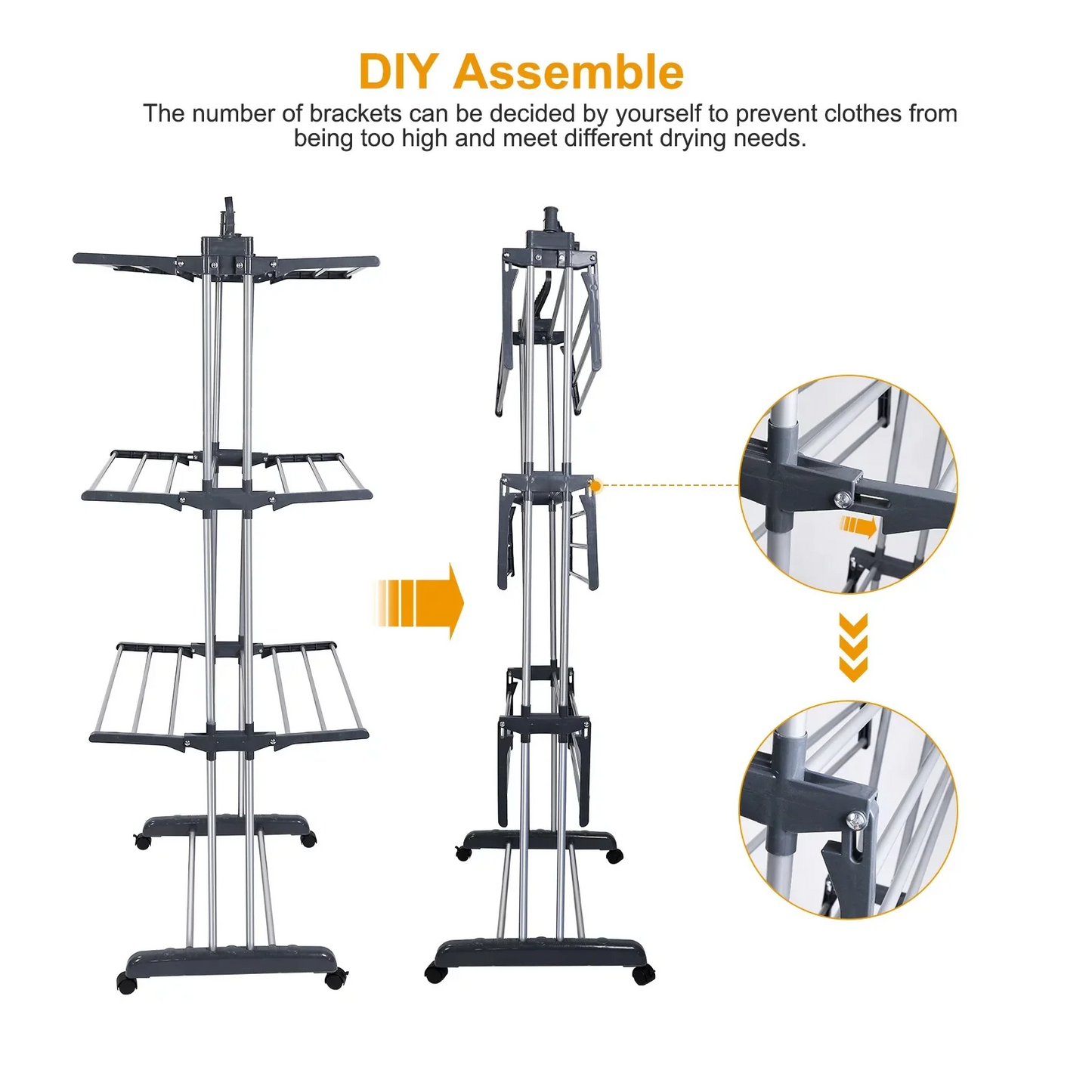 Clothes Drying Rack, 4 Tier Outdoor Laundry Drying Rack, Laundry Drying Rack with Foldable Wings Indoor, Gray
