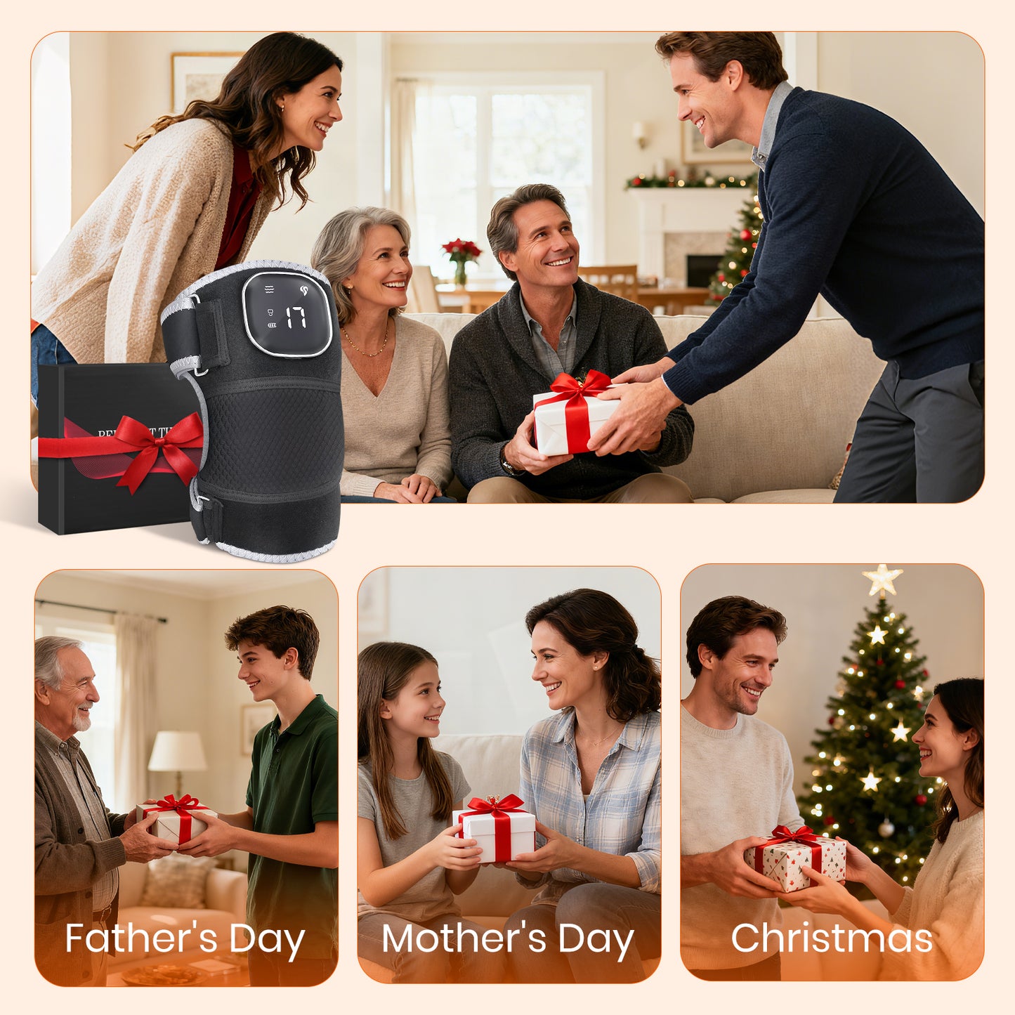 Knee Massager with Heating and Red Light, Vibration Knee Brace Wireless Rechargeable Heated Device for Knee/Joint/Elbow/Shoulder, Ideal Gift for Family