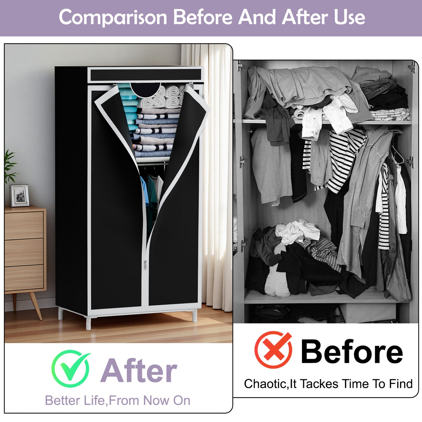 Portable Closet Organizers and Storage with Hanging & Folding Sections, Space-Saving Wardrobe Closet Organizer, Full-Cover Dustproof Hanging Clothing Rack for Bedroom, Apartment, Dorm, Black